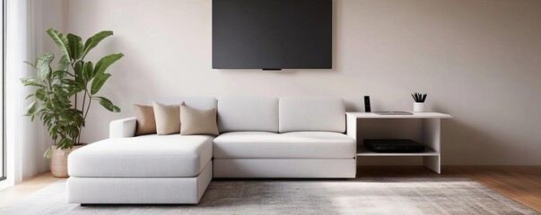Compact living room with a hidden projector and pull-out work desk, modern tech