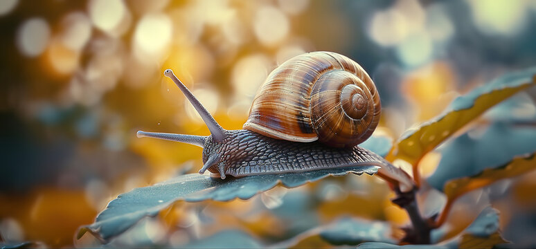 A snail crawls slowly across a green leaf. The background is blurred with bokeh effect. - Powered by Adobe