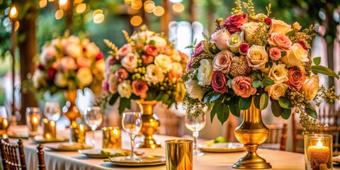 Romantic floral arrangements with rose centerpieces and golden foliage accents