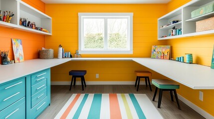 Craft room with convertible surfaces for sewing and painting, artistic and colorful