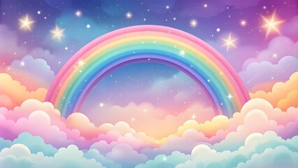 Holographic fantasy rainbow background with clouds and stars. Pastel color sky. Magical landscape, abstract fabulous pattern. Cute candy wallpaper. whimsical digital rainbow background 