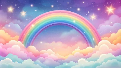 Wanddecoratie Regenboog Holographic fantasy rainbow background with clouds and stars. Pastel color sky. Magical landscape, abstract fabulous pattern. Cute candy wallpaper. whimsical digital rainbow background   © designhunt