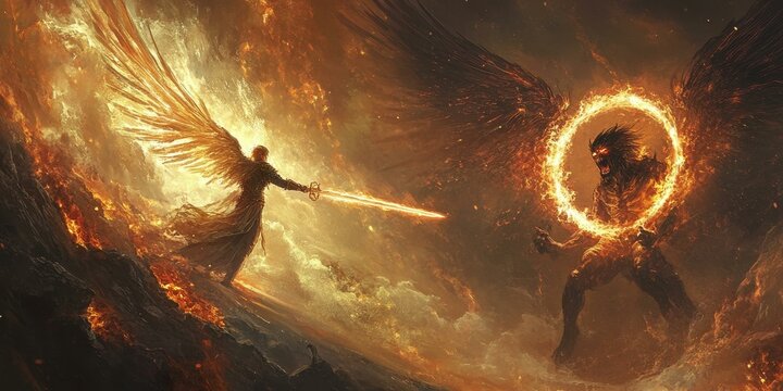 An angel and demon battling in fiery landscape.