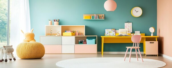 Family room with a kid's study area, playful colors, multifunctional furniture, educational theme