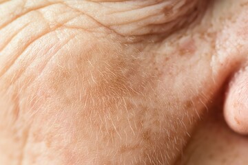 Close-up of human skin showing wrinkles and white spots. Face texture, skin rash, close up. Elderly person face with age-related skin issues. Skin care, beauty, health concept.
