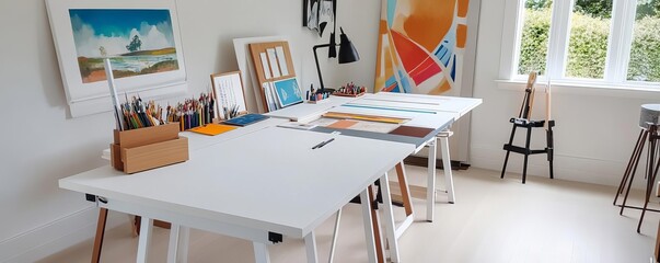 Home studio with modular work surfaces for different artistic pursuits, versatile