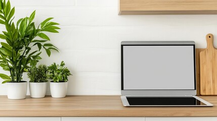 Kitchen with a tech corner for online cooking classes and work, tech-savvy and practical