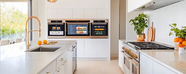 Kitchen with built-in recipe screens and a tech corner, innovative and contemporary