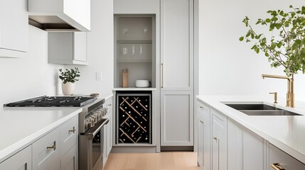 Kitchen with built-in wine storage and a hidden work nook, elegant and practical