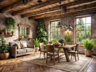 Fototapeta premium Rustic Farmhouse Interior Design Plastering Vector Elements Mood Forest