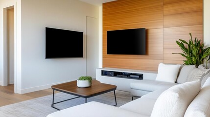 Living area with flexible seating and hidden tech, entertainment-ready