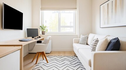 Living room with a convertible sofa, work desk, and entertainment setup, dynamic
