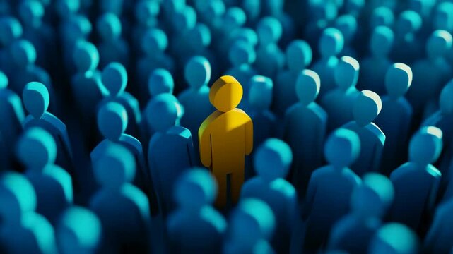 A single yellow figure standing out in a crowd of blue, representing individuality and leadership