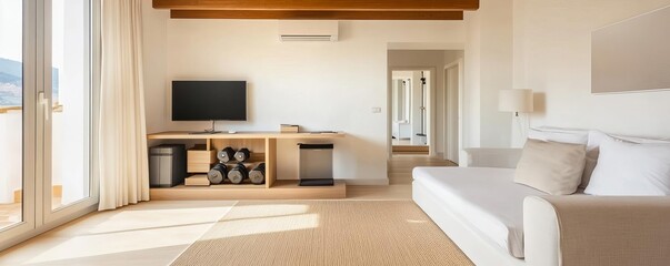 Living room with a hidden home gym setup and a compact desk, modern lifestyle