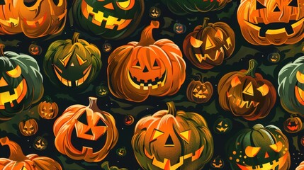 Seamless pattern of Halloween pumpkins with various expressions and spooky designs, using a vibrant color palette for textiles and digital use.