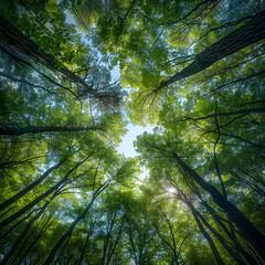 Ascending Tranquility: A Captivating Forest Scene with Towering Trees and a Vibrant Sky