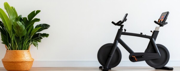 Living room with an exercise bike and virtual fitness setup, health-conscious design