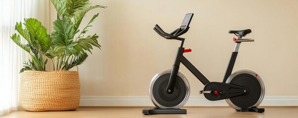 Living room with an exercise bike and virtual fitness setup, health-conscious design