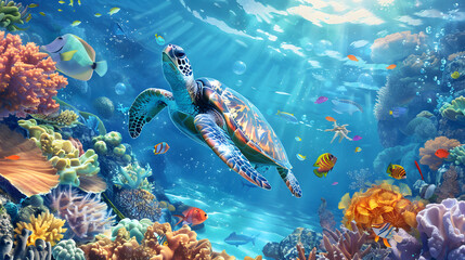 Fototapeta premium Vibrant Underwater Scene with Marine Life and Sea Turtle.
