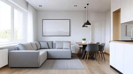 Fototapeta premium Living room with convertible seating for dining and relaxation, multifunctional