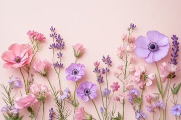 Obraz premium Pastel Floral Arrangement. A minimalistic floral composition featuring pink and purple blossoms
