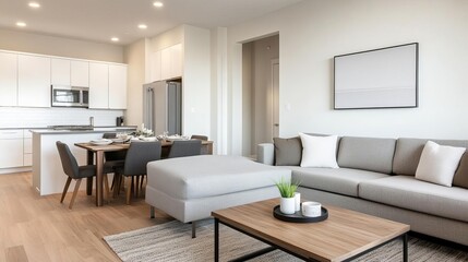 Fototapeta premium Living room with convertible seating for dining and relaxation, multifunctional