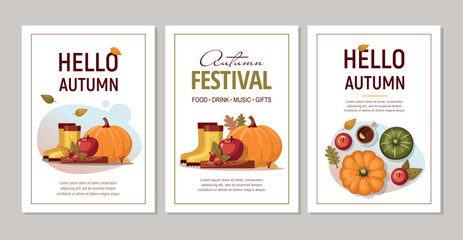 Fototapeta premium Set Hello Autumn greeting card. Poster template with pumpkin, boots and apple. Celebration harvest concept.
