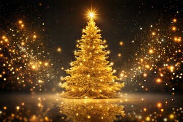 Radiant christmas tree with golden lights and star in festive holiday atmosphere