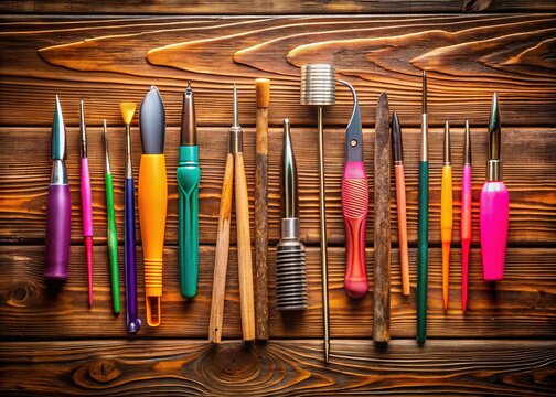 Artistic composition of microblading tools arranged on a rustic wooden surface with vibrant colors and abstract shapes creating a visually appealing and creative atmosphere