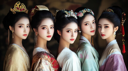 Asian people, four beautiful women in ancient costumes