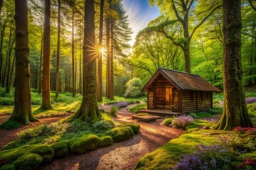 Secluded Woodland Sanctuary Serene Atmospheric Wide Shot