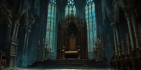 Ornate throne in a gothic cathedral.