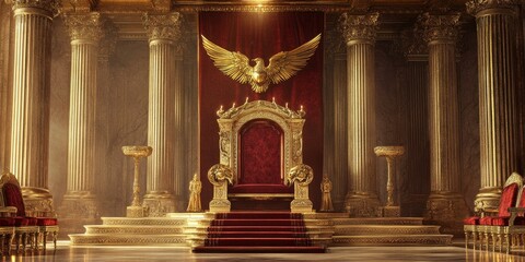 Golden throne room with red carpet and eagle.
