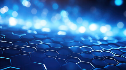 Fototapeta premium Blue hexagon background. Hexagonal structure, honeycomb pattern, metallic. Illuminated outlines. Depth and three-dimensionality. Modern, geometric, futuristic and technological design.