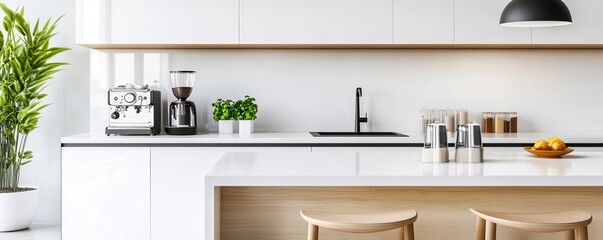 Fototapeta premium Modern kitchen with a barista corner and work area, culinary and creative fusion