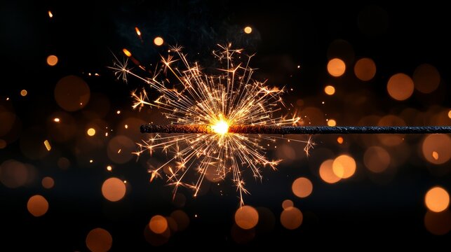 Close-up of a glowing sparkler firework against a black background with copy space. New year party concept. 