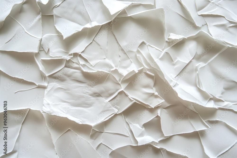 Aufkleber Crumbled white paper pieces scattered randomly on a clean surface. Texture and chaos dominate this close-up view. No text or objects visible. Perfect for eco-friendly, craft, and design concepts.