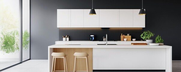 Modern kitchen with a tech hub and creative workspace, sleek and smart