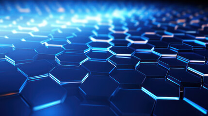 Obraz premium Blue hexagon background. Hexagonal structure, honeycomb pattern, metallic. Illuminated outlines. Depth and three-dimensionality. Modern, geometric, futuristic and technological design.
