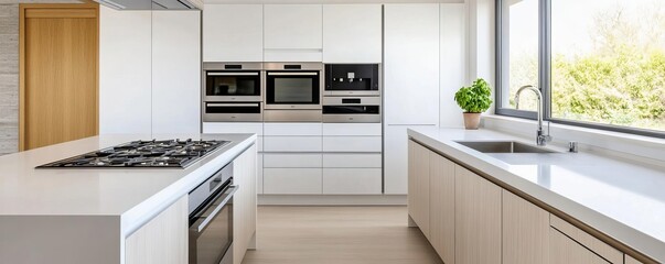 Modern kitchen with integrated storage for both cooking and working, efficient design
