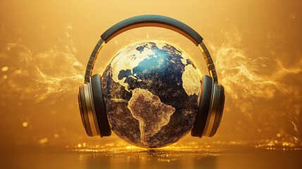 Earth with headphone on light back background