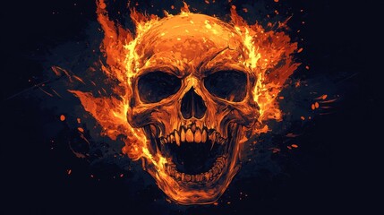 A fiery skull with an open mouth and sharp teeth, engulfed in flames against a dark background. .