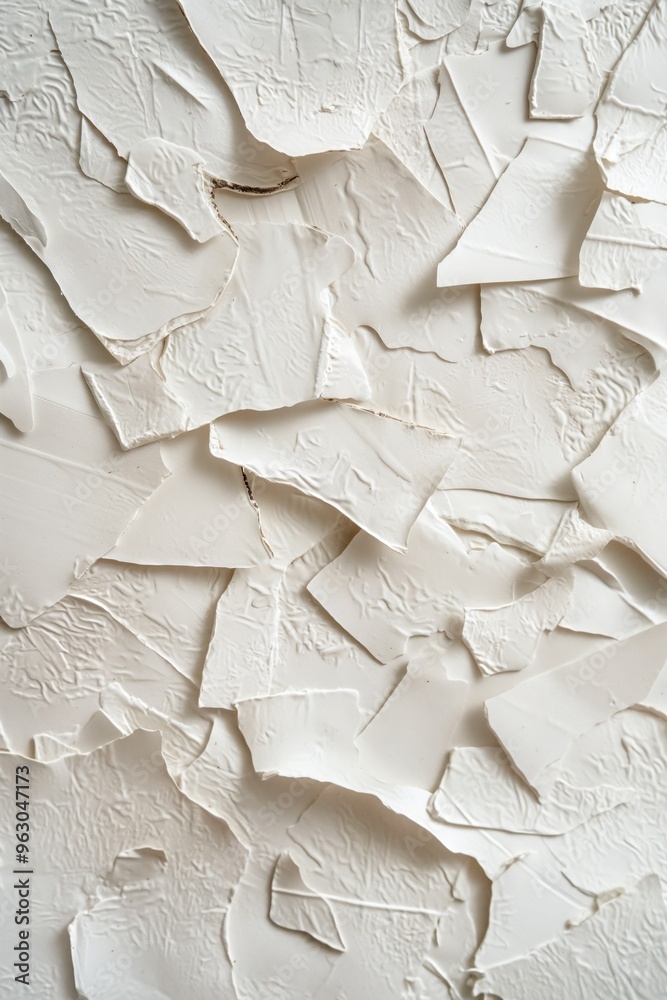 Poster white wall covered in small paper pieces with varied sizes, shapes. chaotic texture background for c