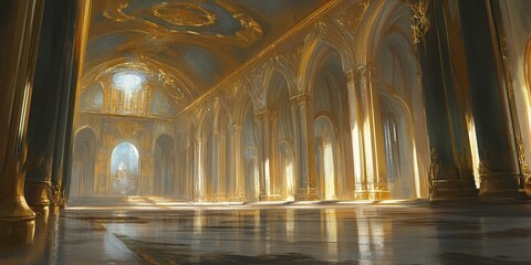 Obraz premium Golden hall with arched columns and reflection.