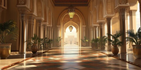 Obraz premium Golden arched hallway with plants and tiled floor.