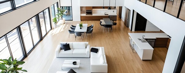 Open loft with designated areas for work, relaxation, and dining, contemporary decor