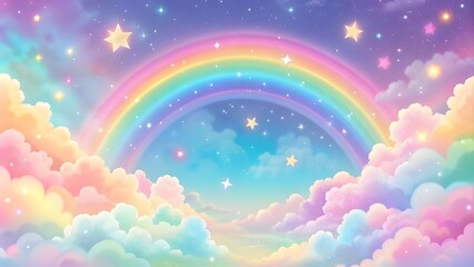 Holographic fantasy rainbow background with clouds and stars. Pastel color sky. Magical landscape, abstract fabulous pattern. Cute candy wallpaper