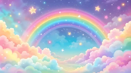 Wanddecoratie Regenboog Holographic fantasy rainbow background with clouds and stars. Pastel color sky. Magical landscape, abstract fabulous pattern. Cute candy wallpaper  © designhunt