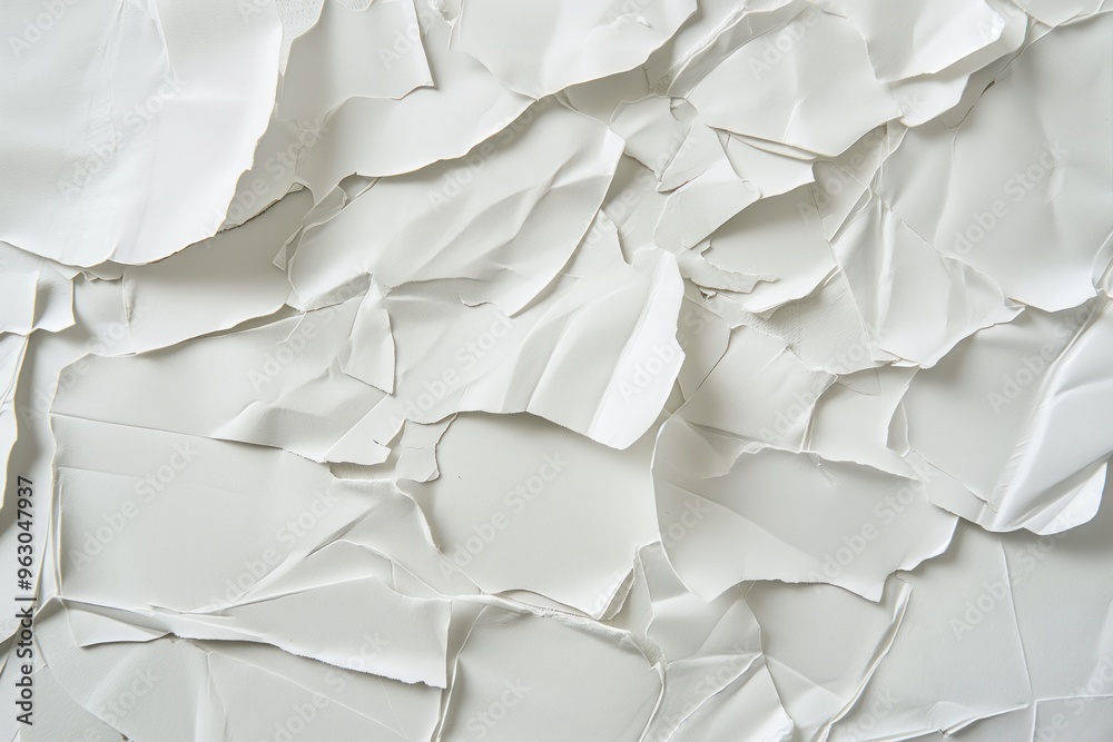 Aufkleber white paper fragments create textured surface. close-up view of recycled craft material with varied 
