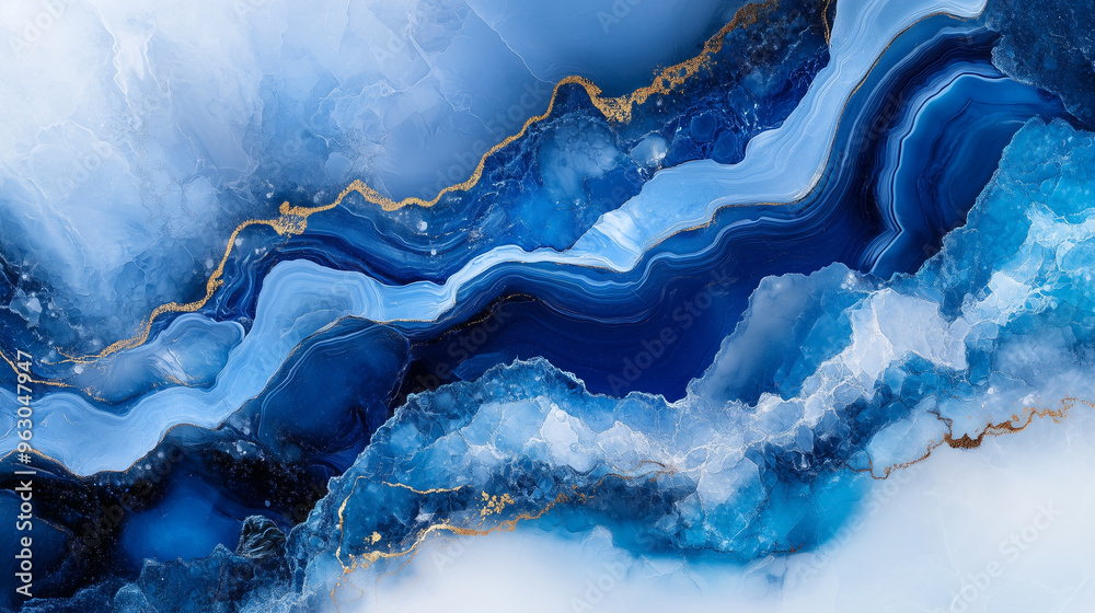 Aufkleber abstract fluid blue and gold marble texture with flowing patterns resembling ocean waves.